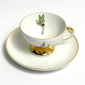 Vintage Disneyland Tinker Bell Teacup Saucer Gold Trim Footed Cup Disneyana Rare